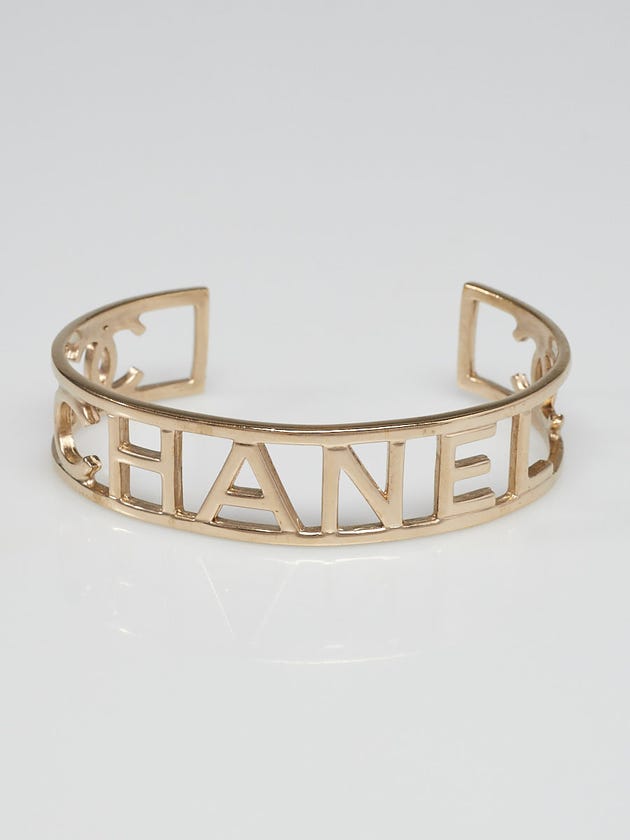 Chanel Goldtone Brushed Metal Logo Cuff Bracelet