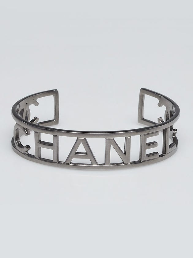 Chanel Dark Silver Brushed Metal Logo Cuff Bracelet
