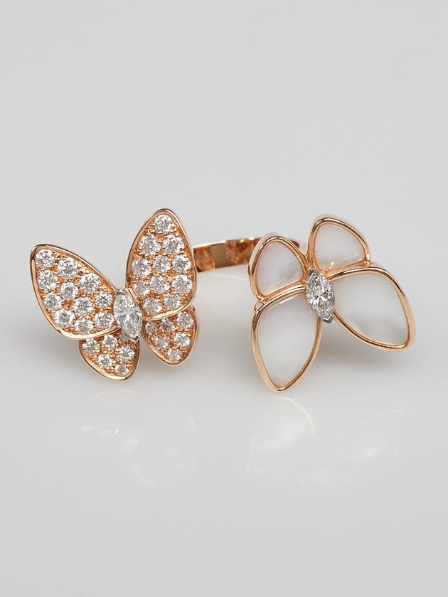 Van Cleef & Arpels 18k Pink Gold with Diamonds and Mother of Pearl Two Butterfly Between Finger Ring Size 50/5.25