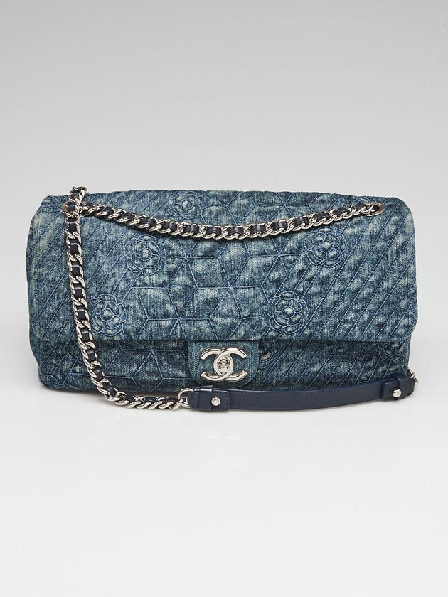 Chanel Blue Camellia Embroidered Distressed Denim Flap Bag