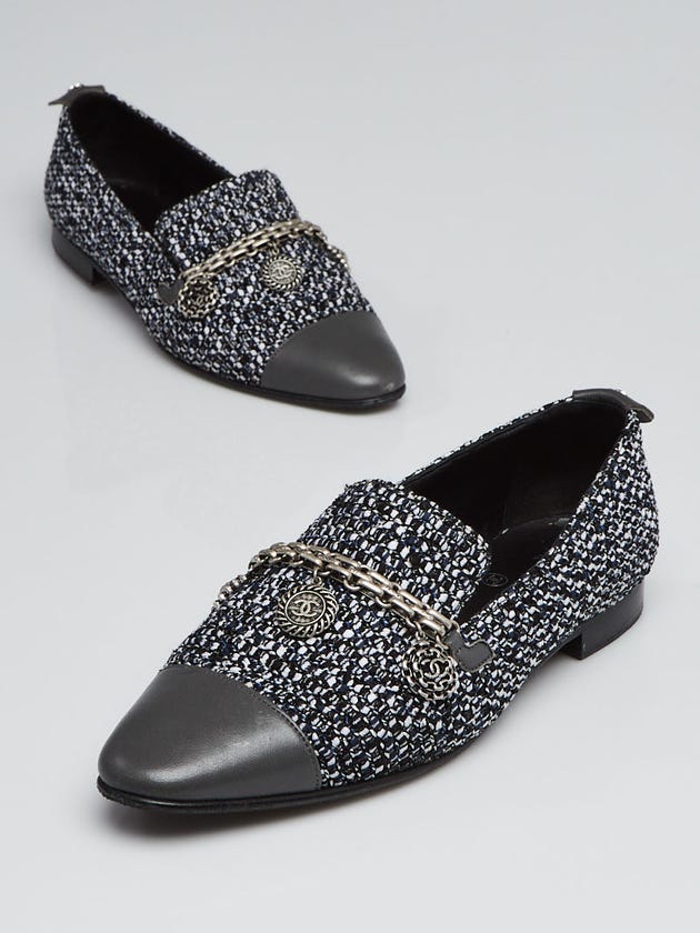 Chanel Blue Tweed and Chain Cap-Toe Loafers Size 6.5/37