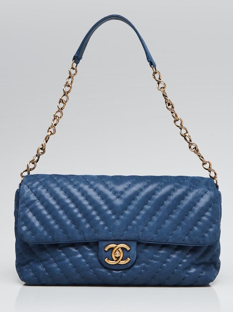 Chanel Blue Chevron Quilted Iridescent Leather Surpique Jumbo Flap