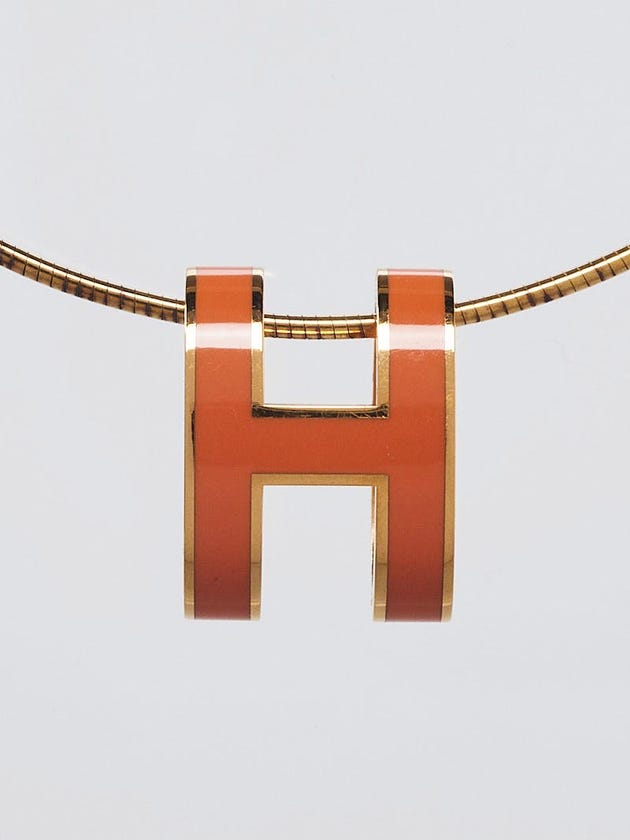Hermes Orange Lacquer Gold Plated Pop H Pendant Necklace