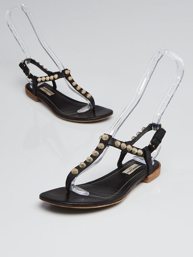 Balenciaga Black Leather Gold Studded T-Strap Sandals Size 5.5/36