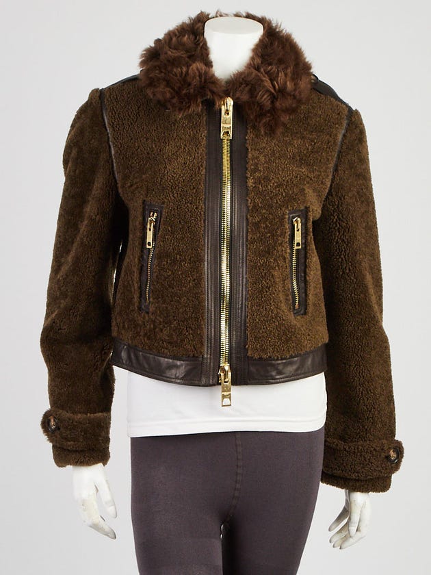 Burberry Green Shearling and Leather Zip Jacket Size 8/42