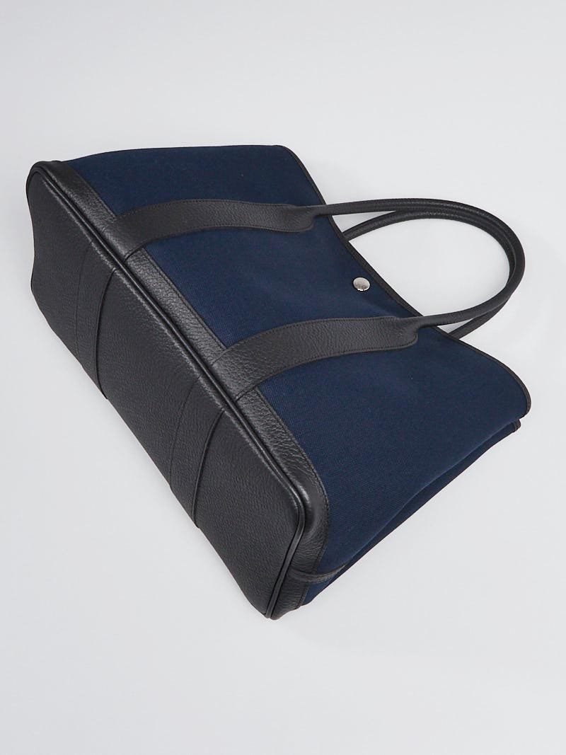 Hermes Navy Blue Canvas and Black Leather Garden Party 36 Tote Bag