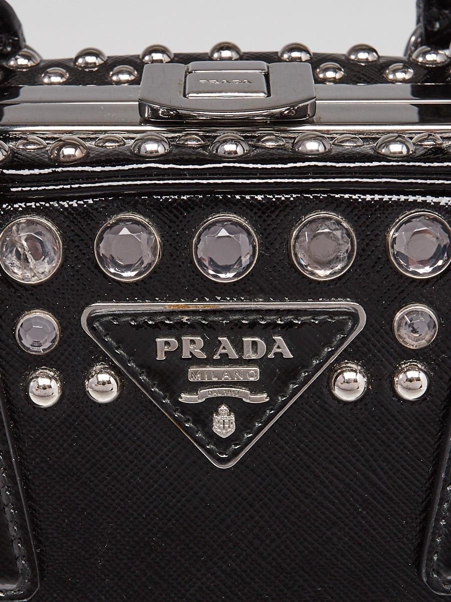 PRADA Vernice Crystal Small Frame Studded Saffiano Leather Top Handle