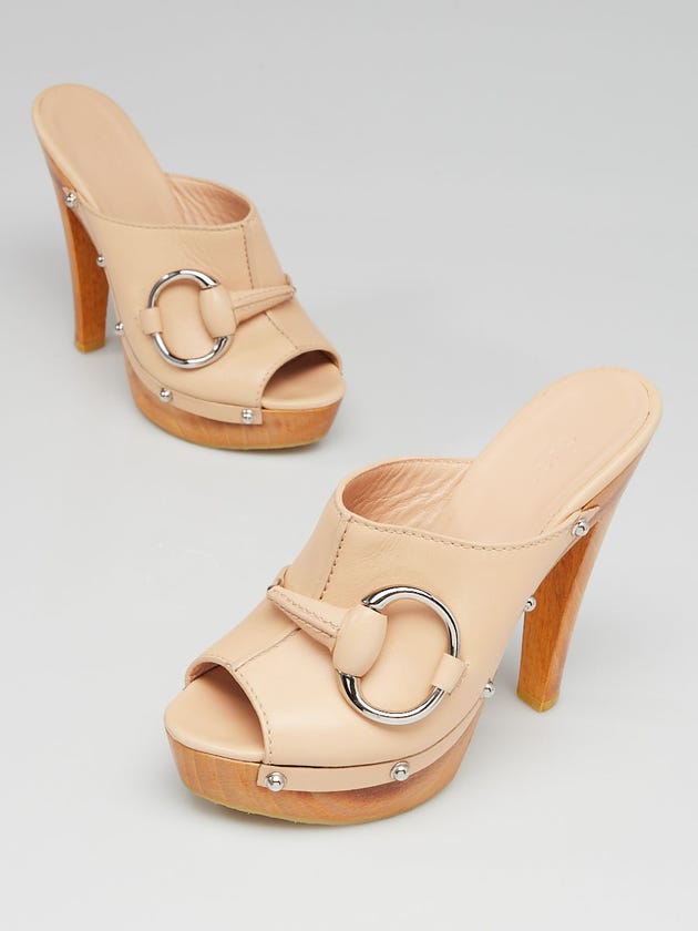Gucci Beige Leather Horsebit Wood Mule Slide Sandals Size 5/35.5