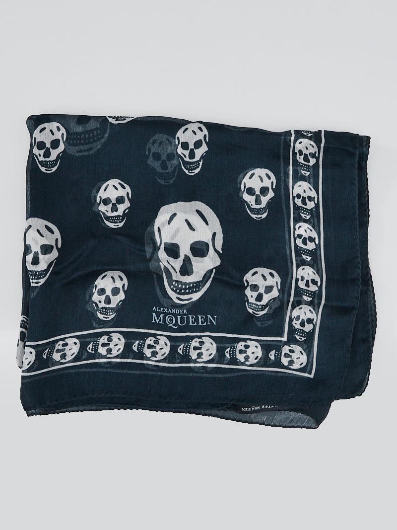 Alexander McQueen Dark Blue/ White Silk Chiffon Classic Skull Scarf