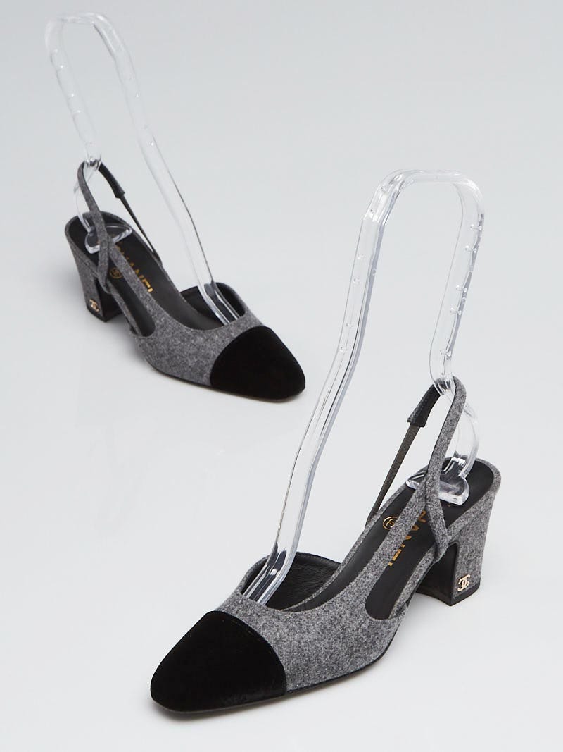 Chanel Grey/Black Wool Cap Toe Slingback Pumps Size 5/35.5