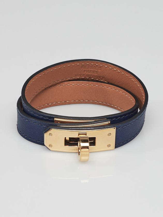 Hermes Bleu Saphir Leather Gold Plated Kelly Double Tour Bracelet Size S