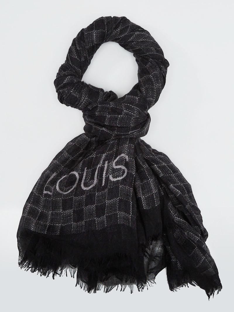 LOUIS VUITTON Black Grey Damier Cashmere Silk Scarf For Sale at