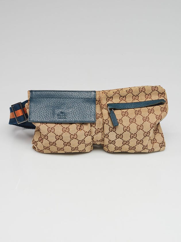 Gucci Beige/Ebony GG Canvas Web Blue Leather Waist Belt Bag