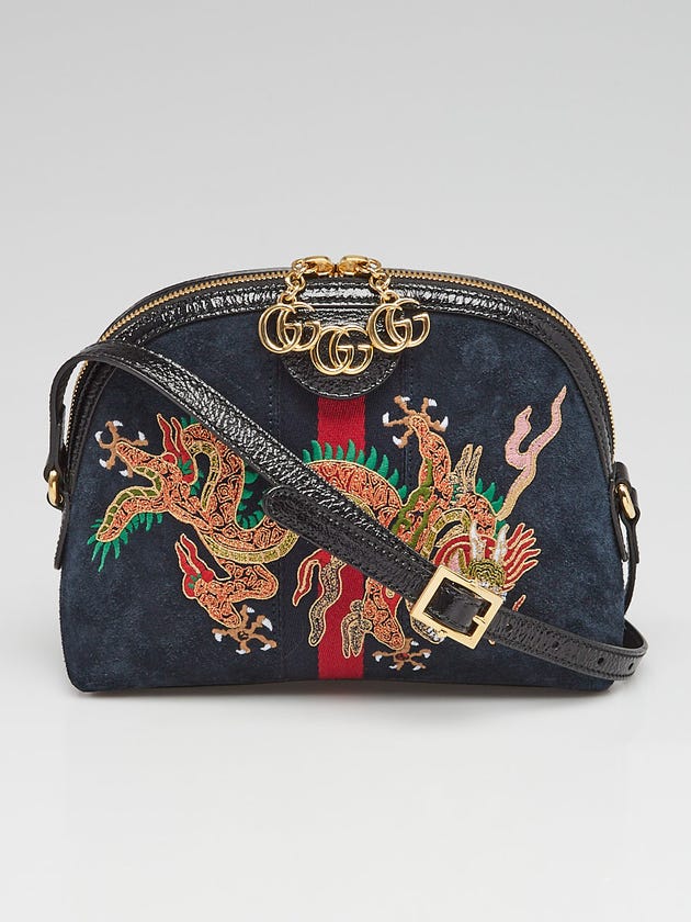 Gucci Blue Suede Embroidered Linea Dragoni Small Shoulder Bag