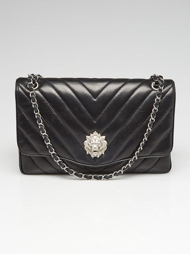 Chanel Black Chevron Quilted Lambskin Leather Leo Jumbo Flap Bag