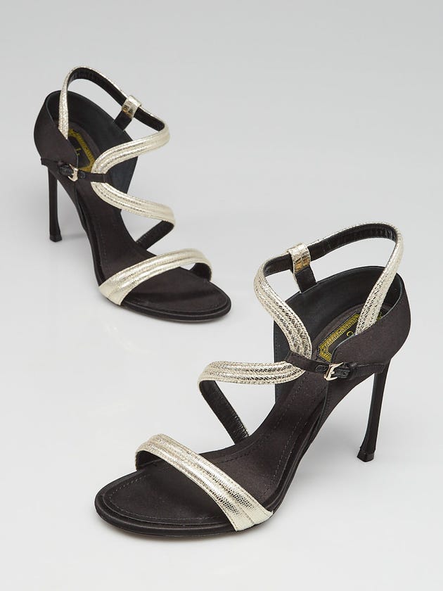 Christian Dior Silver Goatskin Leather and Black Satin Deesse Sandals Size 8.5/39