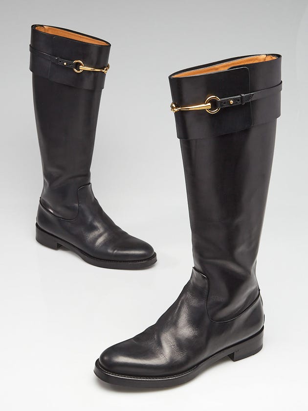 Gucci Black Smooth Leather Betis Glamour Riding Boots Size 8.5/39