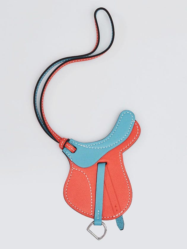 Hermes Orange Poppy/Blue Jean Swift Leather Paddock Selle Saddle Bag Charm