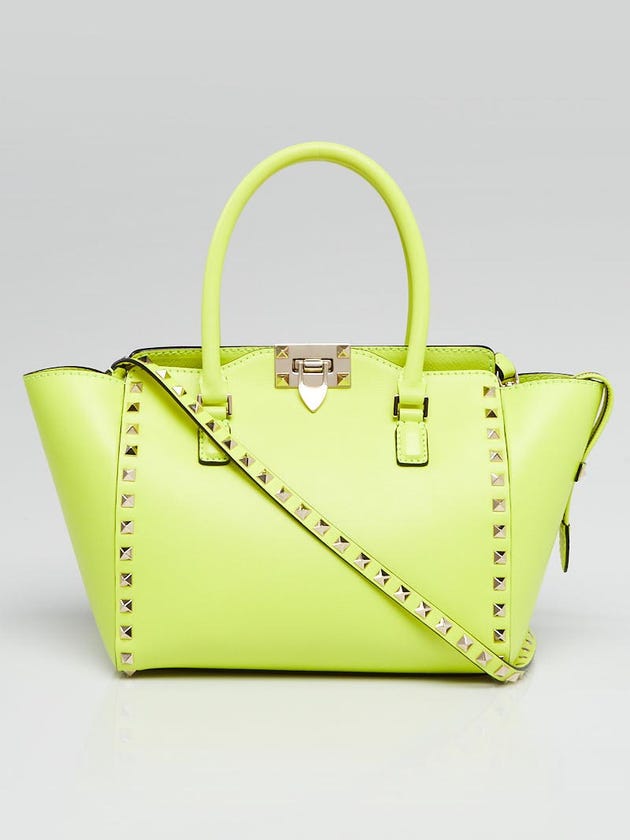 Valentino Fluo Yellow Leather Rockstud Small Double Handle Tote Bag