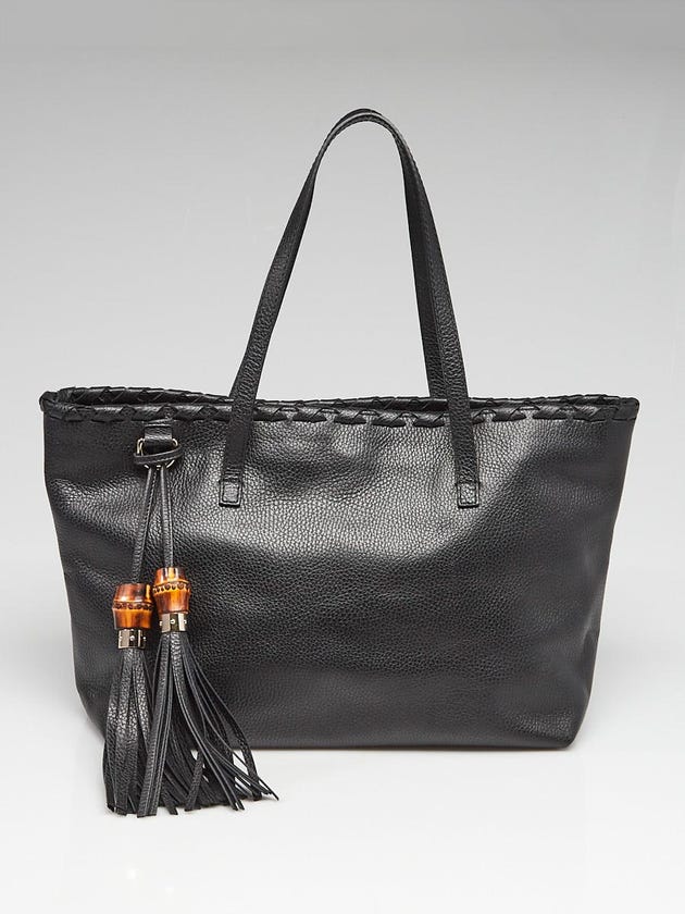 Gucci Black Pebbled Leather Bamboo Tassel Tote Bag