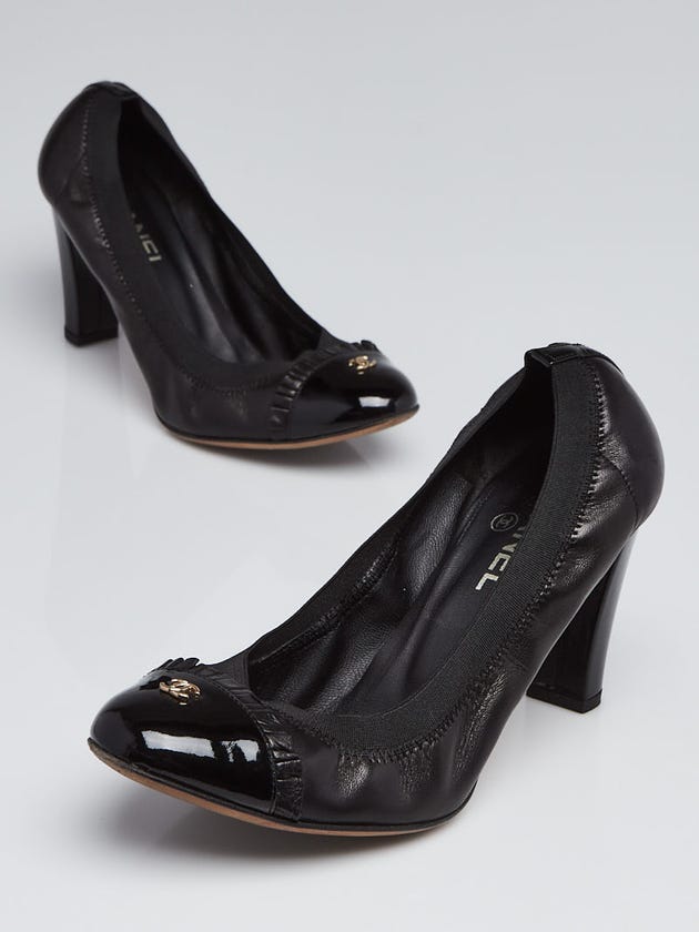 Chanel Black Leather Ruffle Toe Cap Heels Size 9/39.5