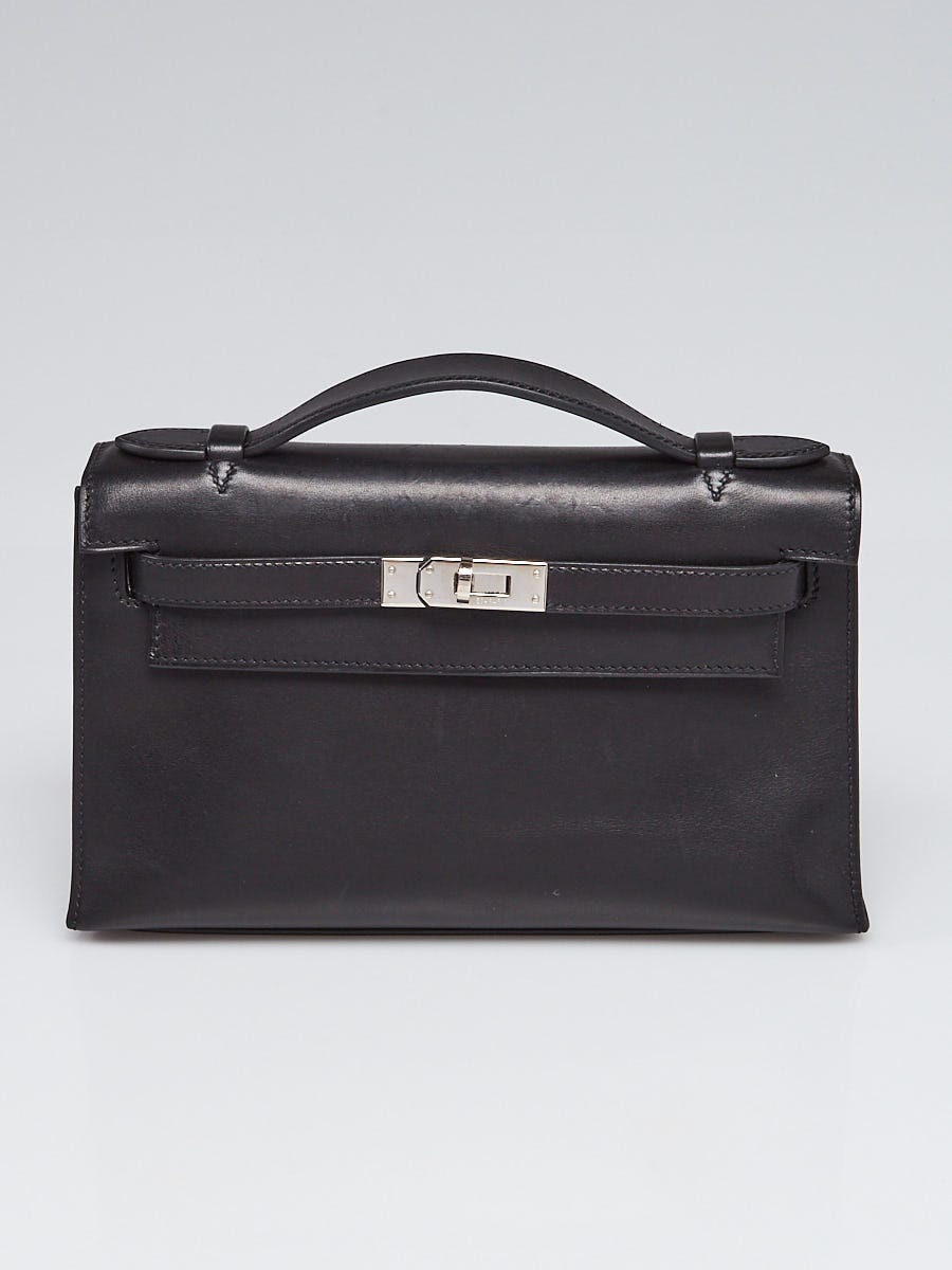 Hermes Black Box Leather Palladium Plated Kelly Pochette Bag