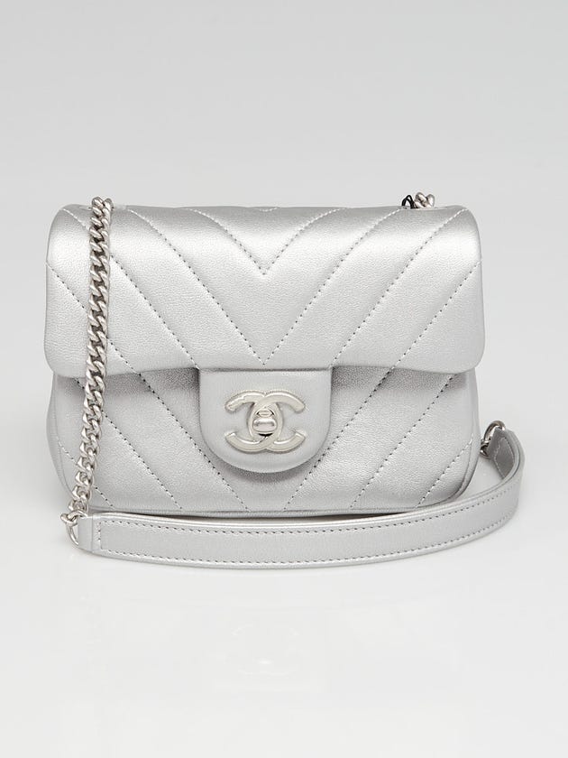 Chanel Silver Chevron Quilted Leather Mini Chain Shoulder Bag