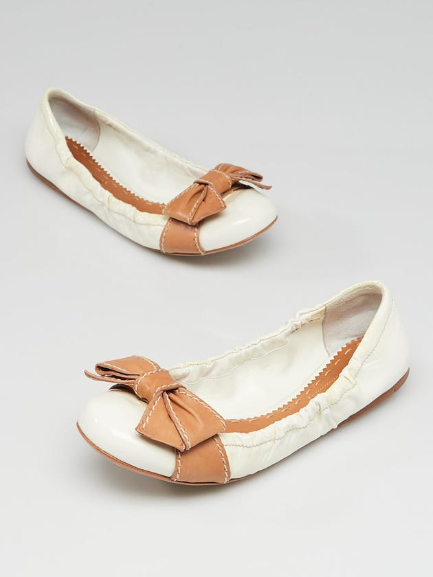 Prada White Patent Leather Elastic Bow Flats Size 6.5/37