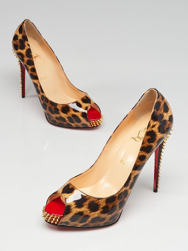 Christian Louboutin Leopard Print Patent Leather Spikes New Very Prive 120 Peep-Toe Pumps Size 9/39.5