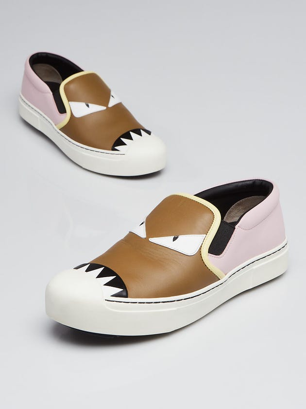 Fendi Brown/Pink/White Leather Monster Slip-On Sneakers Size 8/38.5