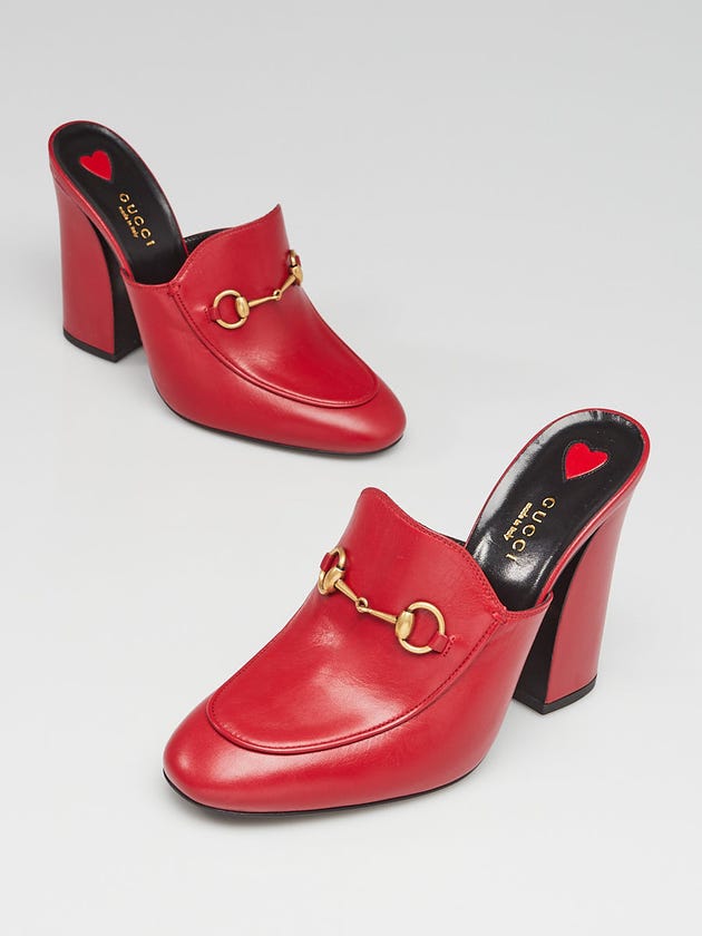 Gucci Hibiscus Red Leather Julie Princetown Block Heel Mules Size 8/38.5