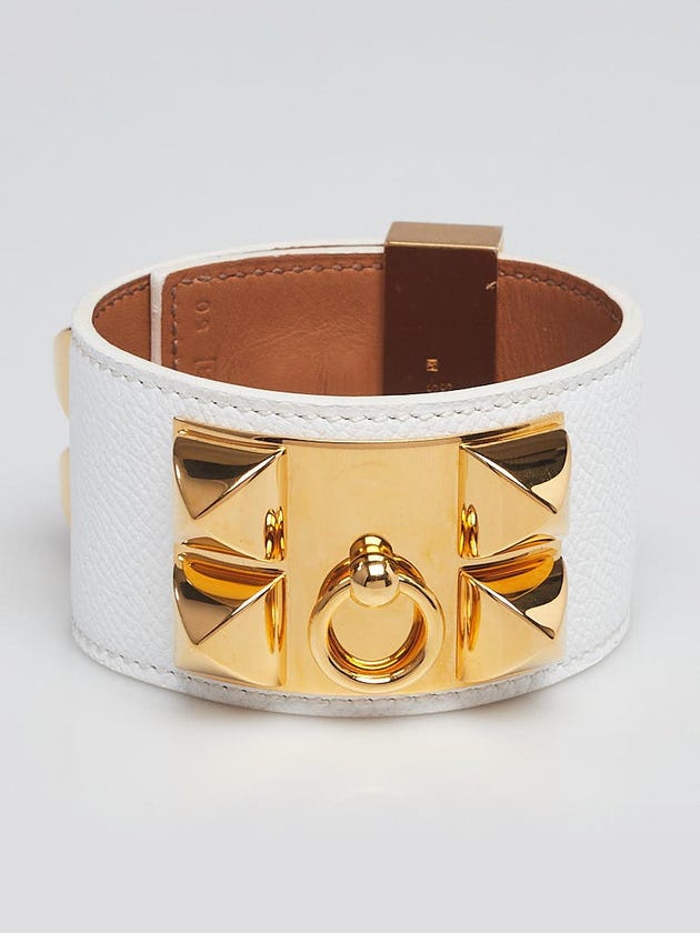 Hermes White Epsom Leather Gold Plated Collier de Chien Bracelet Size L