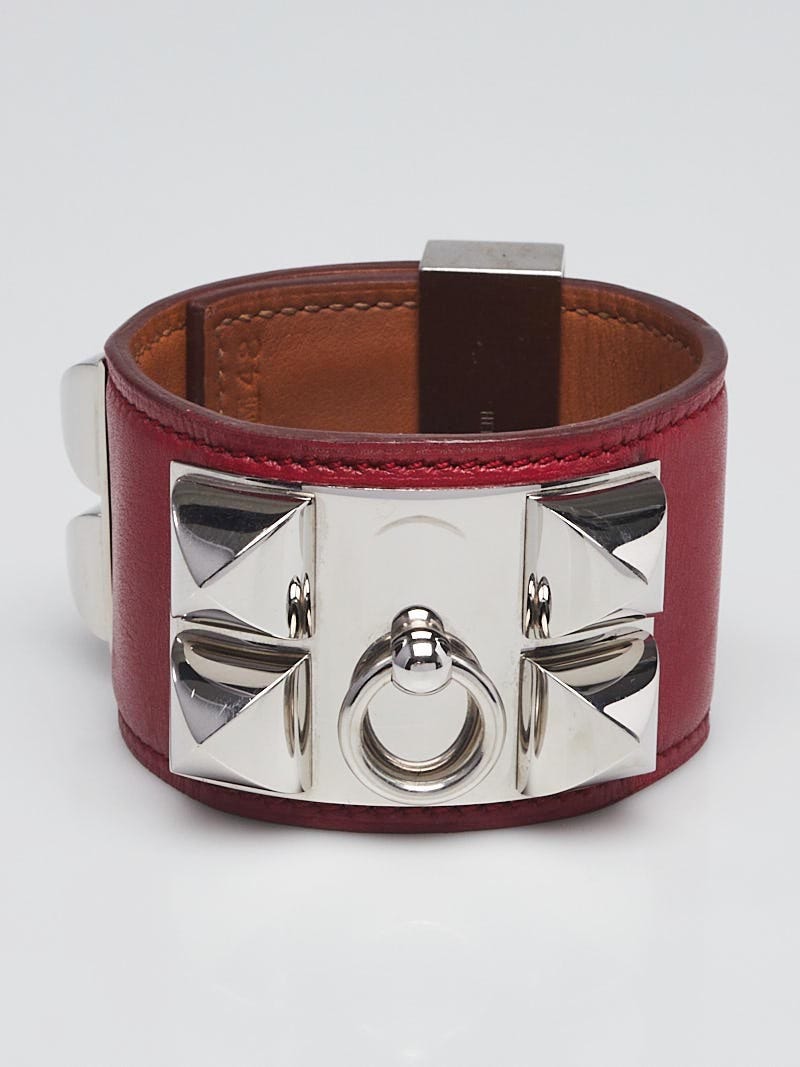 Hermes Rouge Casaque Swift Leather Palladium Plated Collier de Chien Bracelet Size S