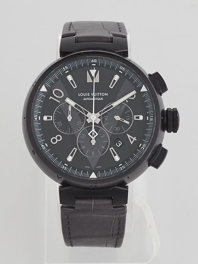 Louis Vuitton 46mm Black Stainless Steel and Alligator Tambour Chronograph Automatic Watch