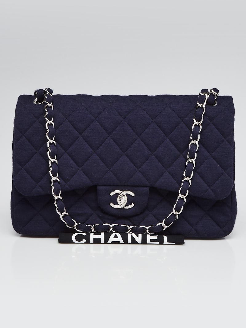 CHANEL ネイビー キルティング バッグ Chanel Navy Blue Quilted Jersey Fabric Classic Jumbo Double Flap