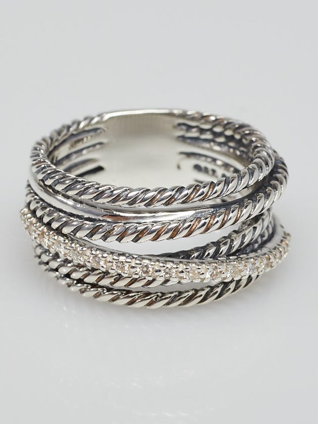 David Yurman Sterling Silver and Diamond Cable Crossover Ring Size 6.5