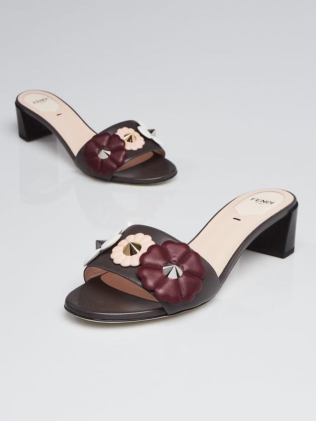 Fendi Grey Leather Flower Slide Sandals Size 7.5/38