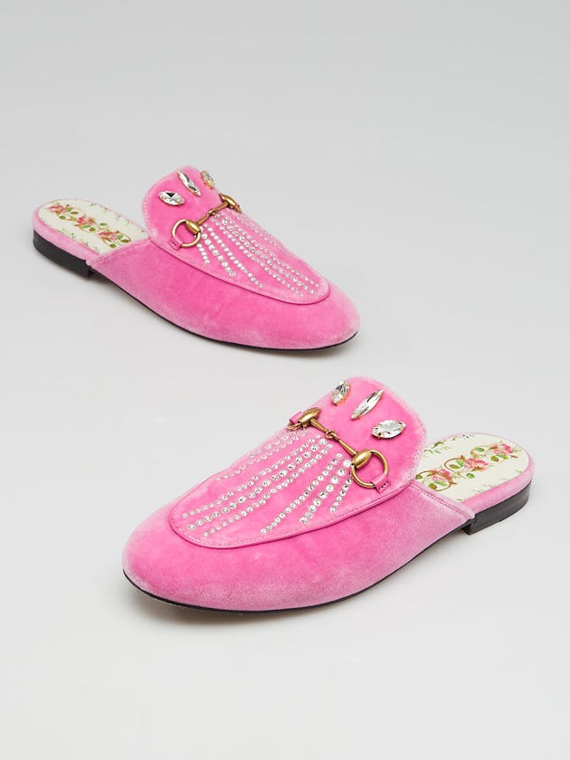 Gucci Pink Velvet and Crystals Horsebit Princetown Mules Flats Size 7.5/38