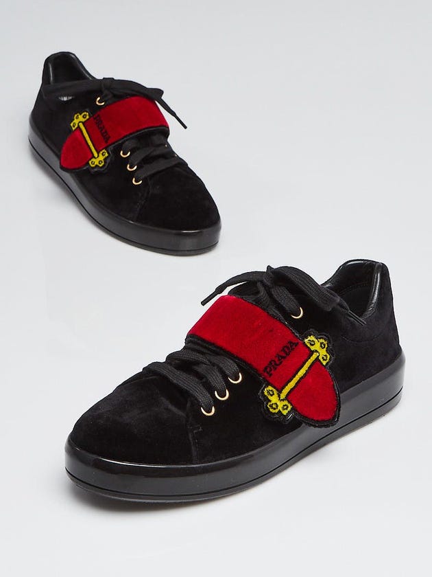 Prada Black Velvet Grip-Strap Logo Printed Platform Sneaker Size 8.5/39
