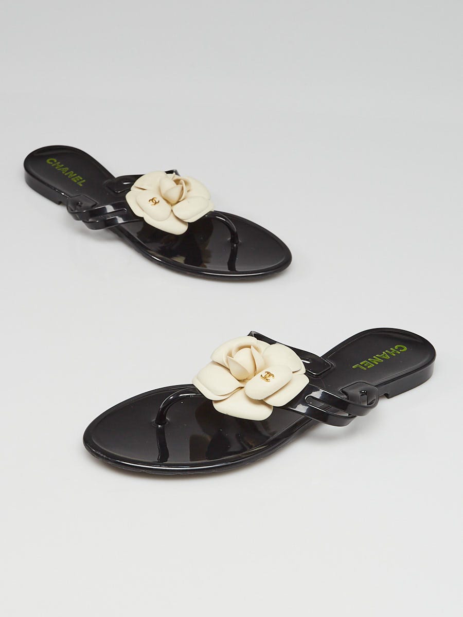 Chanel Black Camellia Flower Thong Sandals Size 8.5/39 - Yoogi's