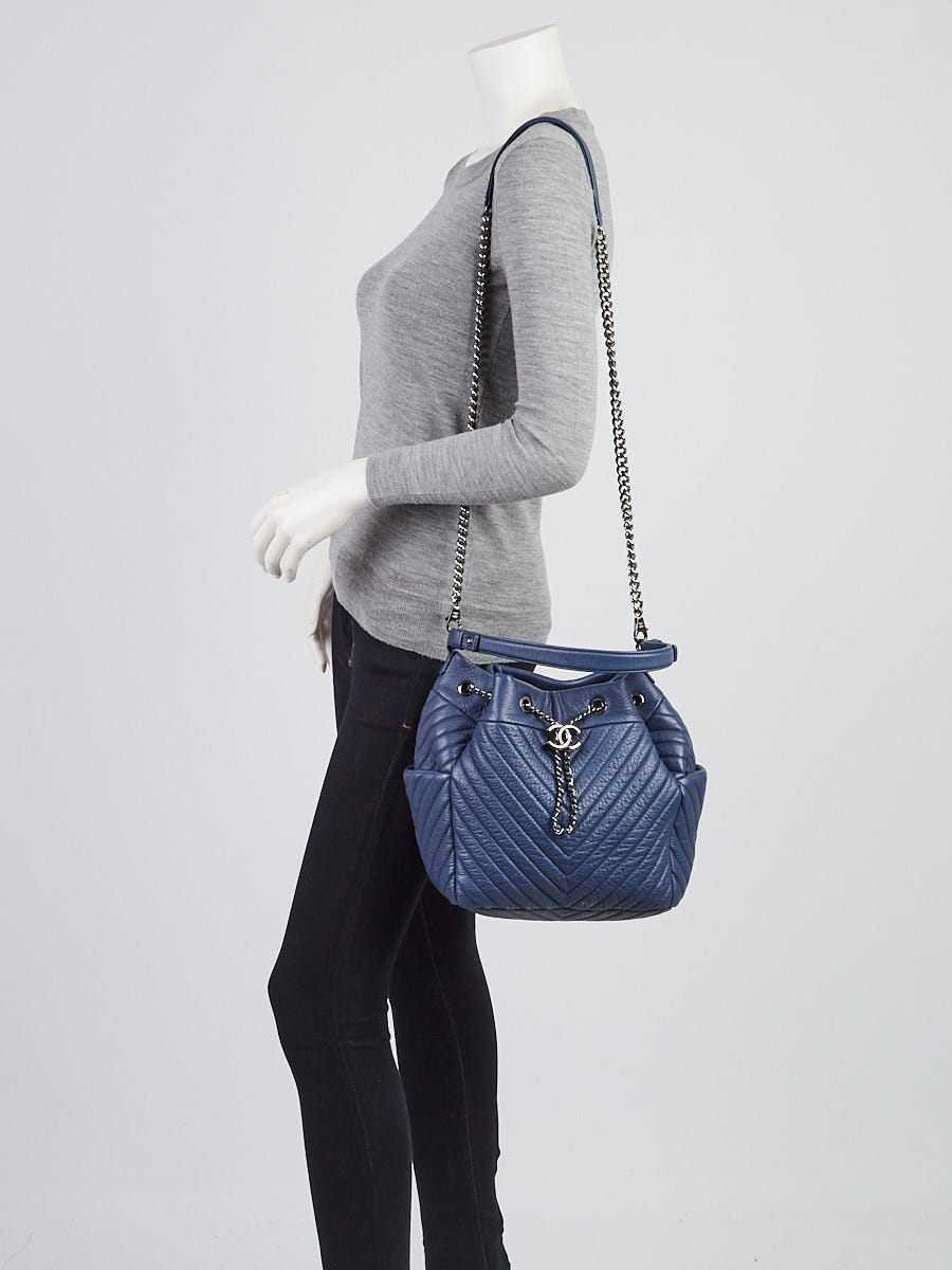 Chanel Blue Chevron Quilted Deerskin Leather Urban Spirit Chain Bucket Bag  - Yoogi's Closet