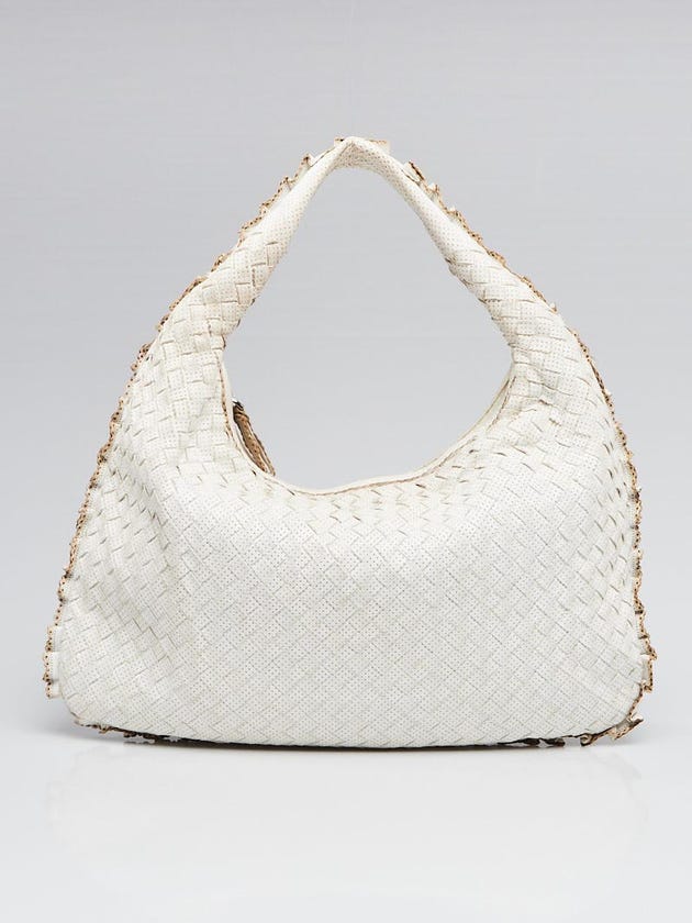 Bottega Veneta White Perforated Intrecciato Woven Nappa Leather Medium Veneta Hobo Bag