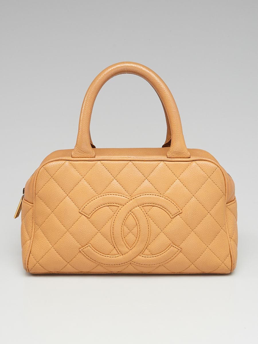 Chanel Beige Quilted Caviar Leather Small Bowler Bag - Yoogi's Closet