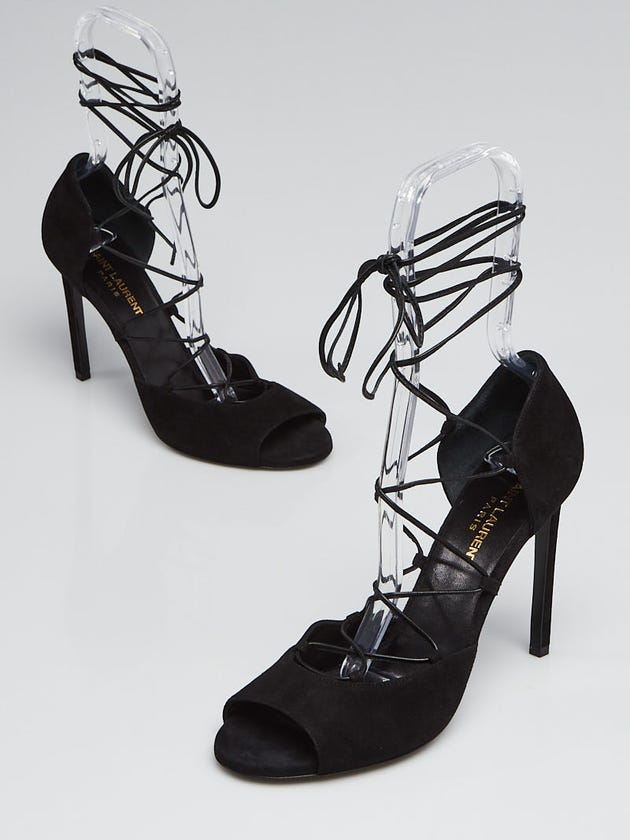 Yves Saint Laurent Black Suede Lace Up Peep-Toe Sandals Size 8/38.5