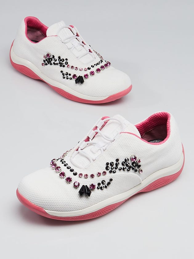Prada White Mesh Nylon and Crystal Sneakers Size 8/38.5