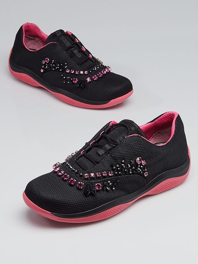 Prada Black Mesh Nylon and Crystal Sneakers Size 7.5/38