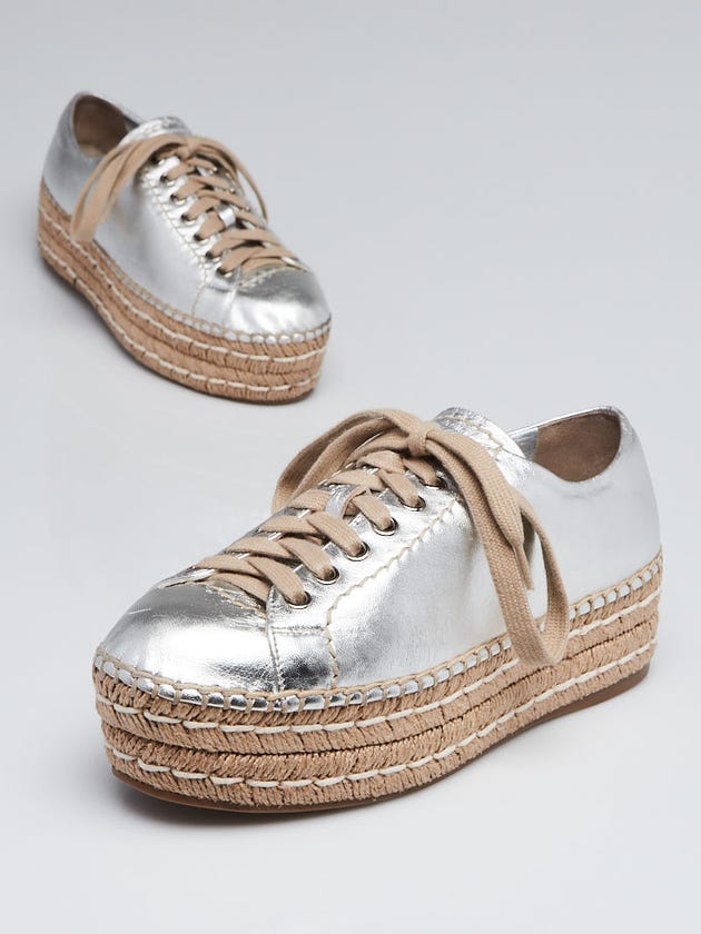 Prada Silver Leather Platform Espadrille Sneakers Size 5.5/36