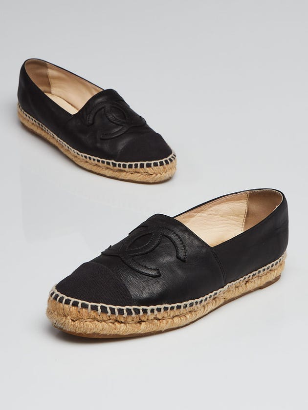 Chanel Black Lambskin Leather CC Espadrille Flats Size 4.5/35