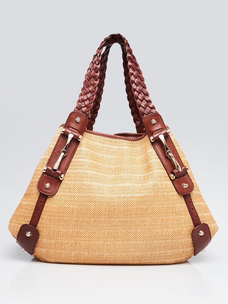 Gucci Natural Woven Straw and Brown Leather Pelham Medium Shoulder