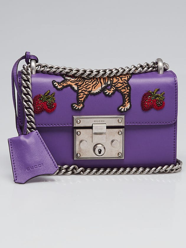 Gucci Purple Smooth Leather Embroidered Tiger and Strawberry Small Padlock Shoulder Bag